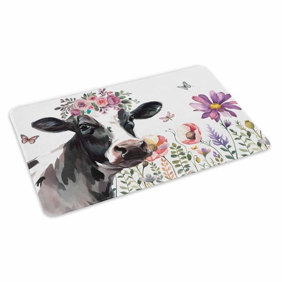 Cow Flower Doormat Outdoor Entrance 16"x24", Farmhouse Cattle Botanical Butterfly Floral Absorb Moisture Dirt Door Mats, Non-Slip Rubber Backing Floor Mats Indoor, Low-Profile Front Door Rugs