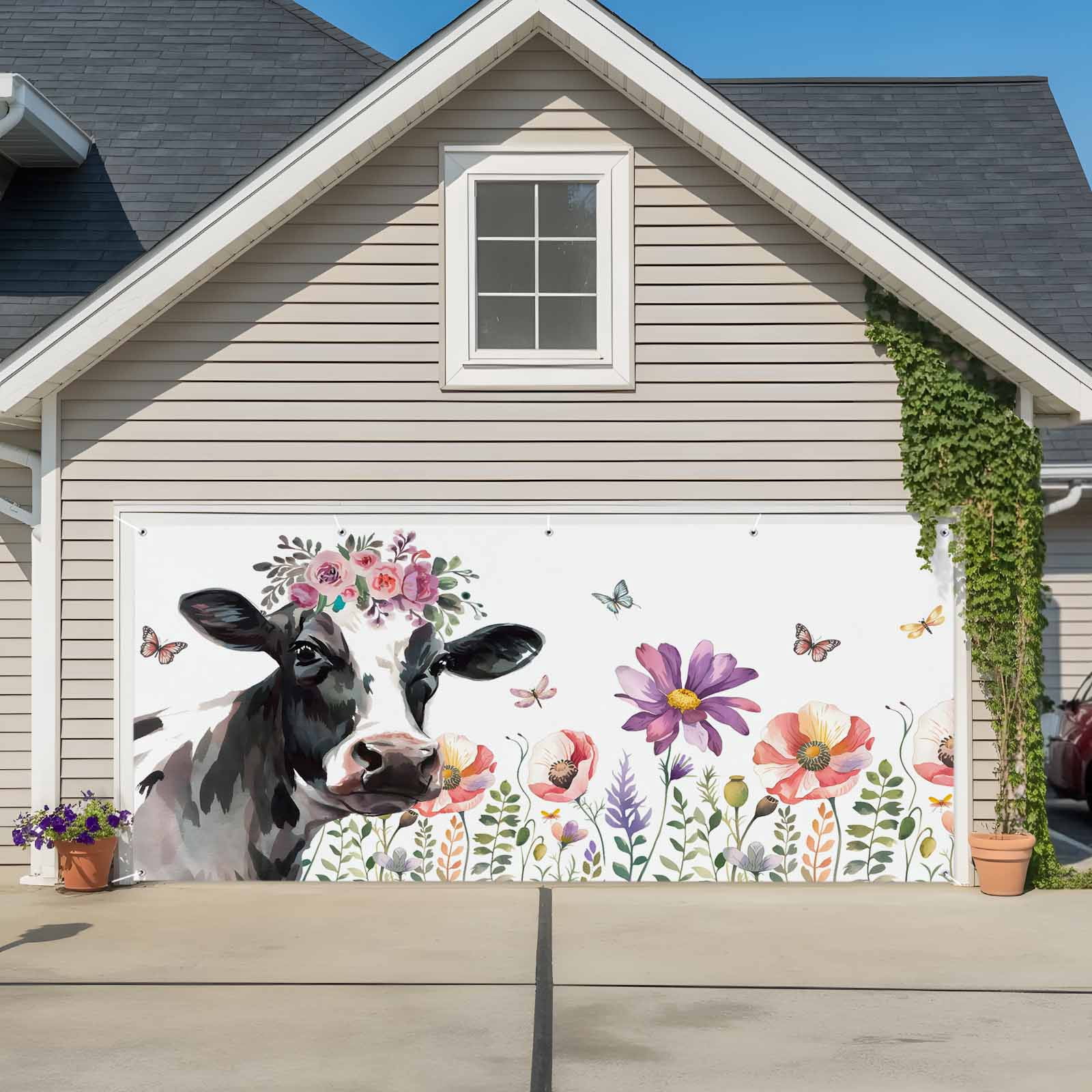 Cow Flower Garage Door Cover Banner 7 x 16 FT, Farmhouse Cattle Botanical Butterfly Floral Garage Door Curtains Backdrop with Grommets for Indoor Outdoor Wall Party Porch Yard Decorations Background