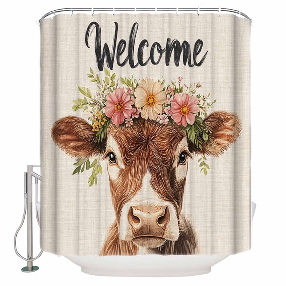 Cow Flower Garland Bathroom Shower Curtains with 12 Hooks Polyester Waterproof Shower Curtain for Stalls and Bathtubs Farm Animal Cottagecore Blooms Floral Decorative Bathroom Curtain 36x72 Inches