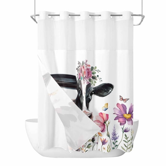 Cow Flower No Hook Shower Curtain Waterproof,Bathroom Curtains with Snap in Liners and See Through Top Window,Farmhouse Cattle Botanical Butterfly Floral Hotel Style Bathtub Curtains Shower 72"Wx84"L