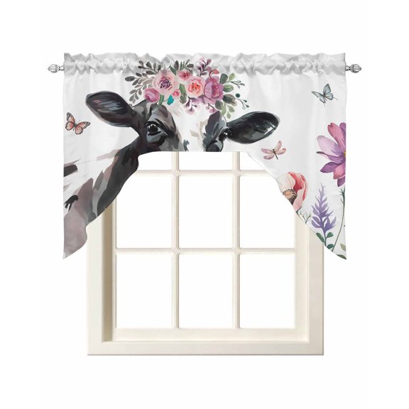 Cow Flower Kitchen Curtains Swag Valance for Windows/Bathroom/Cafe, Farmhouse Cattle Botanical Butterfly Floral Rod Pocket Drape Panel Swag Curtain Valance for Bedroom/Living Room 55''x36''