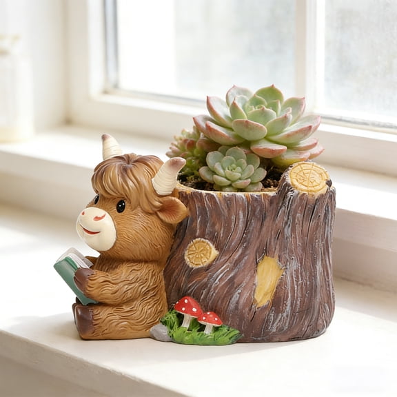 Cow Flower Pot Planter Decor, Cute Highland Cow Planter Decorative Design Easy Display No Maintenance Durable Structure, Plant Holder Decoration for Desk Shelf Living Room Office Gift