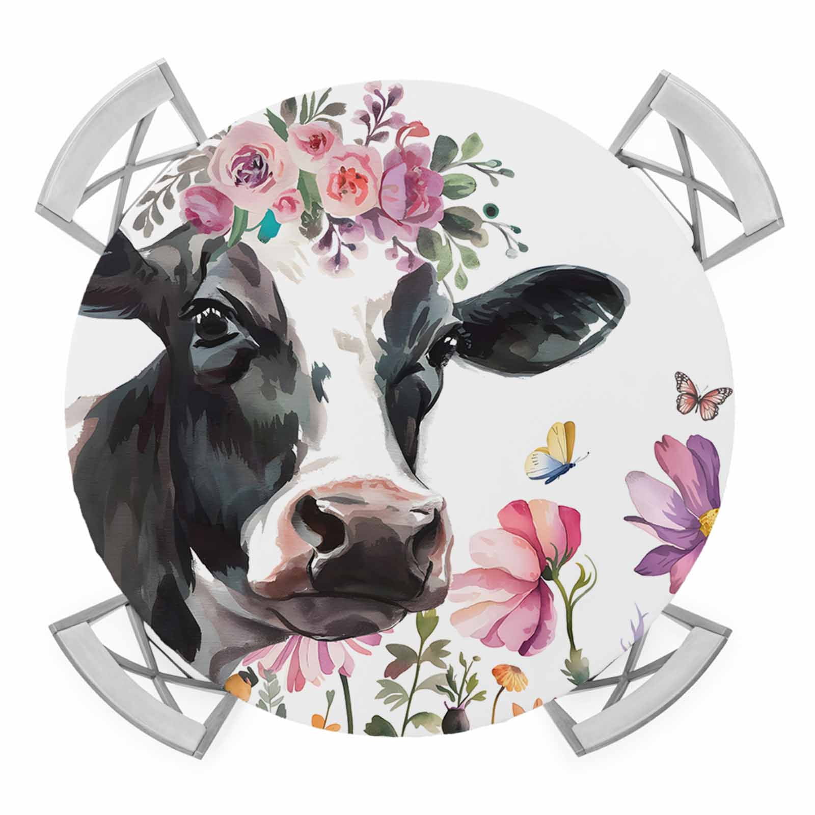 Cow Flower Round Tablecloth for 45-54 Inch Tables,Fitted Table Cover ...