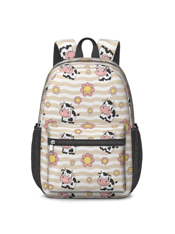 Cow Flower Wavy Beige Pattern 17" School Backpacks for Teens,Waterproof Oxford Fabric,S-Shape Padded Straps for School,Travel,Hiking,Camping