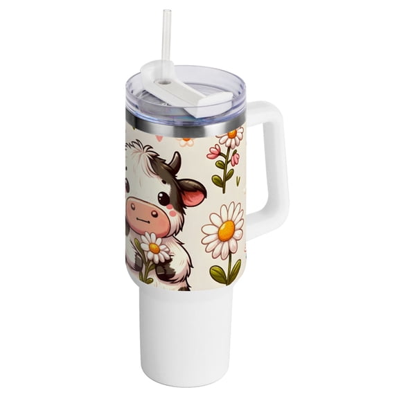 Cow on Flowers 40 oz Tumbler with Handle Insulated&nbsp;Travel Mug&nbsp;Lid Straw Leak Proof Steel Vacuum Water Bottles Glasses Fits in Car Cup Holder