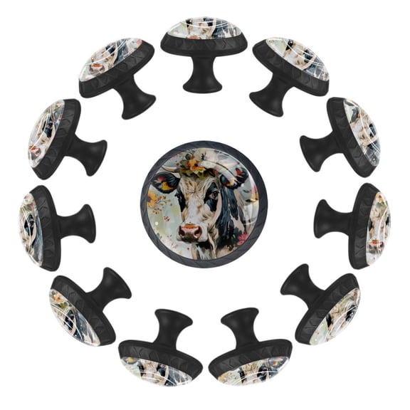 Cow Flowers Floral Oil Painting Style 35MM Round Glass Cabinet Knobs, Kitchen Knobs for Drawer Dresser Cupboard Wardrobe Modern Pulls Handles Hardware, Set of 12