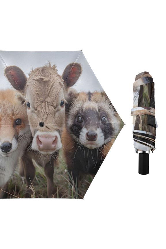 Cow Fox Ferret Compact Sun Umbrella Windproof Travel Umbrellas for Rain Strong Portable UV Protection
