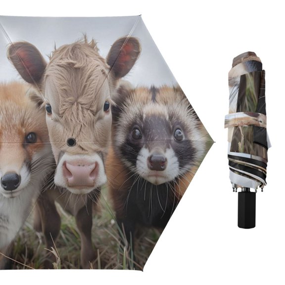 Cow Fox Ferret Compact Sun Umbrella Windproof Travel Umbrellas for Rain Strong Portable UV Protection
