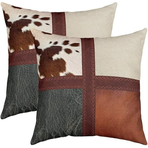 Cow Fur Geometry Throw Pillow Covers 18"x18" Set of 2 Soft Cowhide Farmhouse Cushion Covers Pillow Cases for Couch Sofa Bedroom Car Reversible Western Farm Animal Skin Decorative Throw Pillowcases