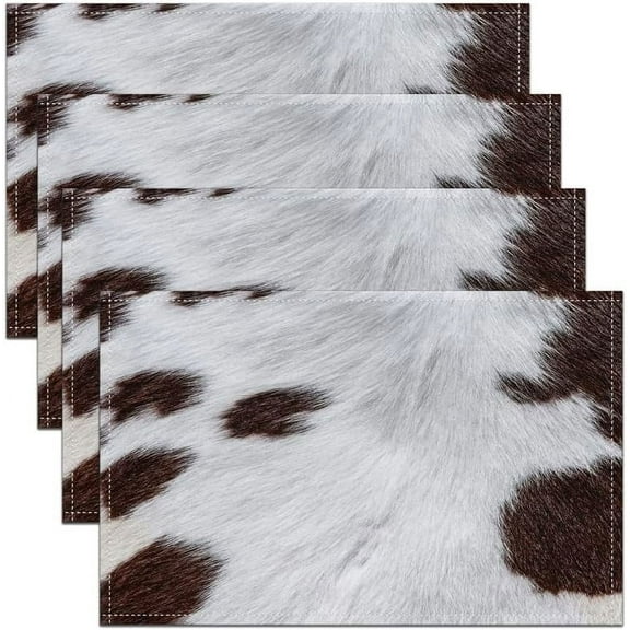 Cow Fur Placemats Set of 4, Cowhide Place Mats 12x18 Inch for Dining Table Decorations, Rustic Western Farmhosue White Brown Table Mats for Kitchen Decor Dinner Indoor