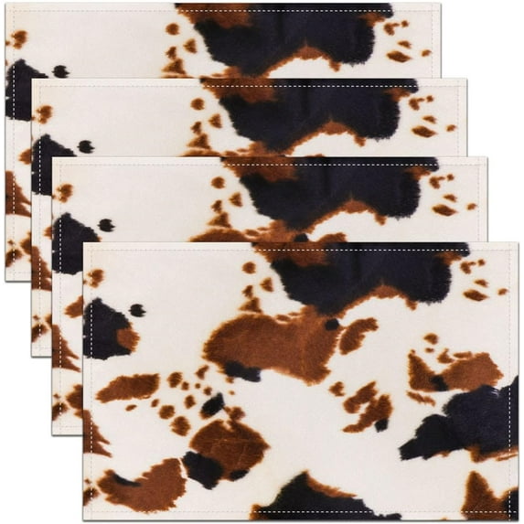 Cow Fur Placemats Set of 4,Cowhide Placemats for Dining Table,Farmhouse Western Farm Animal Skin Brown Black Beige Washable Fabric Decoration Table Mats Placemat 18"x12"