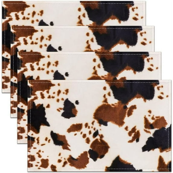 Cow Fur Placemats Set of 4, Rustic Western Cowhide Placemats for Dining Table, Farm Wild Animal Fur Skin Pattern Washable Fabric Decoration Table Mats Placemat 18"x12"