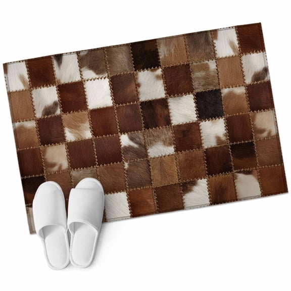 Cow Fur Print Bathroom Rug Washable 2x3 Entryway Rug Non Slip Farmhouse Patchwork Western Cowhide Brown Front Door Mat Low Pile Indoor Doormat Throw Floor Carpet for Kitchen Bedroom Entrance