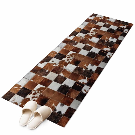 Cow Fur Print Kitchen Runner Rug 2x6 Washable Runners for Hallway Non Slip Farmhouse Western Cowhide Plaid Brown Large Area Rug Indoor Floor Carpet for Bathroom Laundry Entryway Bedroom Living Room