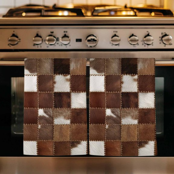 Cow Fur Print Kitchen Towels Set of 3, Farmhouse Patchwork Western Cowhide Brown Absorbent Dish Towels for Kitchen, Microfiber Hand Towel, Quick Drying Tea Towel for Cleaning Decorative Dishcloths