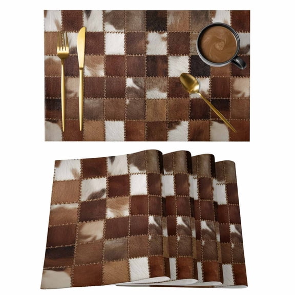 Cow Fur Print Placemats Set of 12 Farmhouse Patchwork Western Cowhide Brown Place Mats Indoor Wipeable Table Mats Washable Cloth Dining Table Placemats for Kitchen Holiday Party Home Decor 13x19 Inch
