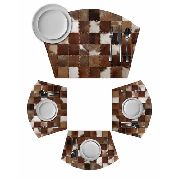 Cow Fur Print Round Table Placemats Set of 2 Wedge Placemats, Farmhouse Patchwork Western Cowhide Brown Place Mats for Dining Table Set Washable Mats Kitchen Decor for Indoor Outdoor Wipe Clean