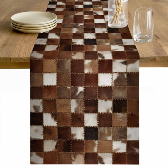 Cow Fur Print Table Runner - 36 Inch Long Farmhouse Patchwork Western Cowhide Brown Cotton and Linen Blended Dress Scarves Farmhouse Table Runner for Kitchen Dining, Coffee Table, 13" x 36"