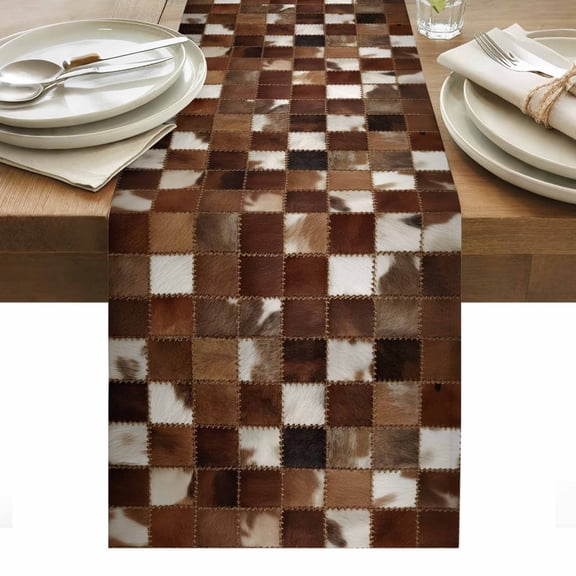 Cow Fur Print Table Runner Farmhouse Patchwork Western Cowhide Brown Tablerunners 13 x 36 Inch, Table Decorations Tabletop Scarf for Summer Gathering Holiday Farmhouse Kitchen Dining Decor
