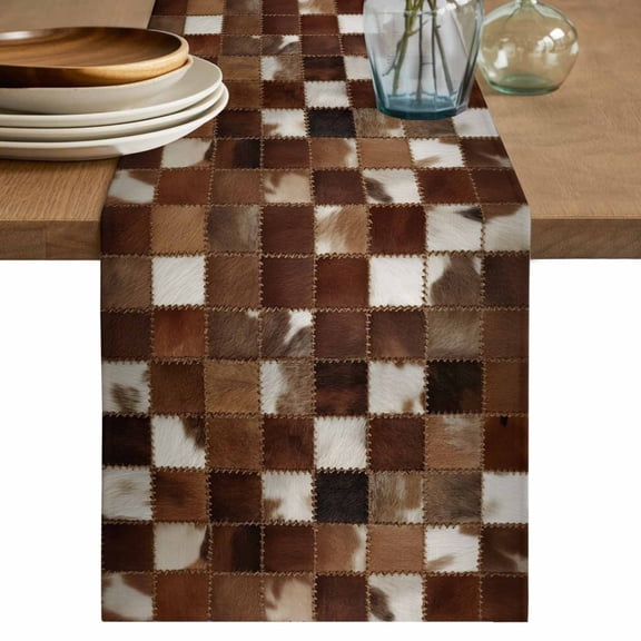 Cow Fur Print Table Runner, Farmhouse Patchwork Western Cowhide Brown Washable Cotton Linen Table Runners 36 Inches Long, Dresser Scarf Runner for Nightstand/End Tables/Round Tables 13''x36''