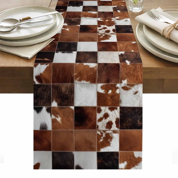 Cow Fur Print Table Runner Farmhouse Western Cowhide Plaid Brown Tablerunners 13 x 36 Inch, Table Decorations Tabletop Scarf for Summer Gathering Holiday Farmhouse Kitchen Dining Decor