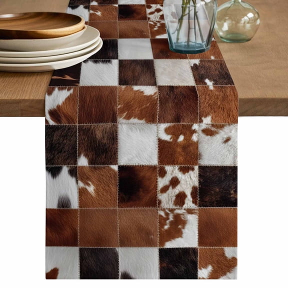 Cow Fur Print Table Runner, Farmhouse Western Cowhide Plaid Brown Washable Cotton Linen Table Runners 36 Inches Long, Dresser Scarf Runner for Nightstand/End Tables/Round Tables 13''x36''
