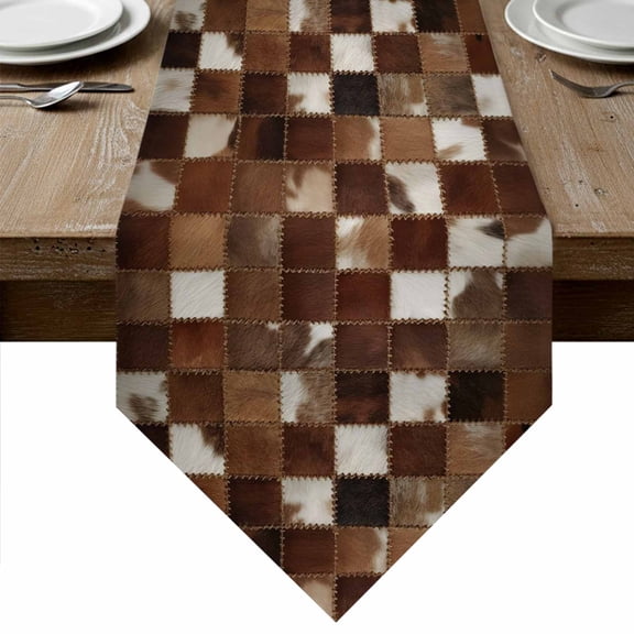 Cow Fur Print Table Runner Linen Burlap Table Runner 36 Inches Small Farmhouse Patchwork Western Cowhide Brown Dresser Scarves for Kitchen Island Coffee Dining Room Party Wedding Decor 13"x36"