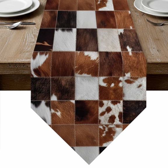 Cow Fur Print Table Runner Linen Burlap Table Runner 36 Inches Small Farmhouse Western Cowhide Plaid Brown Dresser Scarves for Kitchen Island Coffee Dining Room Party Wedding Holiday Decor 13"x36"