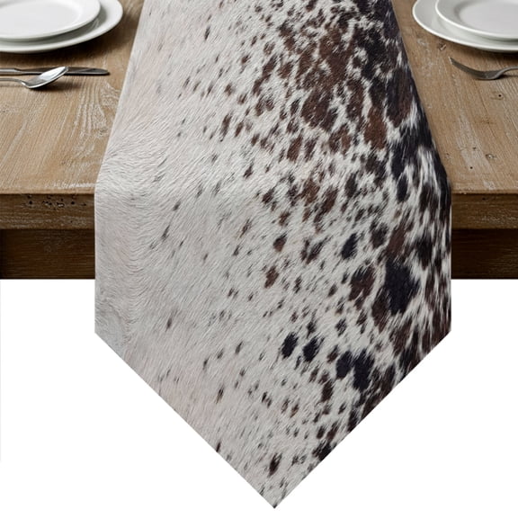 Cow Fur Print Table Runner Linen Burlap Table Runner 90 Inches Long Farmhouse Vintage Country Cowhide Black Grey Dresser Scarves for Kitchen Island Coffee Dining Room Party Holiday Decor 13"x90"