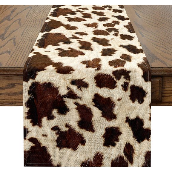 Cow Fur Printed Table Runner Cowhide Pattern Home Kitchen Dining Decor Dresser Scarfs 48x13 Inch Farmhouse Western Farm Animal Skin Decorations Party Supply Brown Home Decor for Living Room