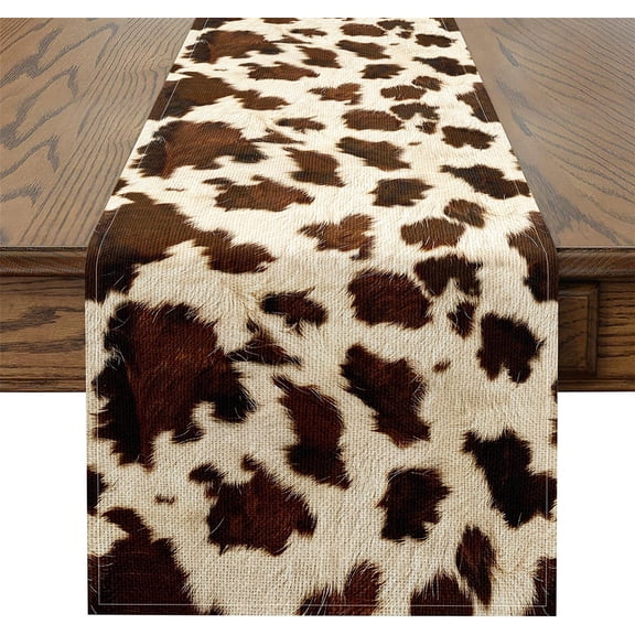 Cow Fur Printed Table Runner Cowhide Pattern Home Kitchen Dining Decor Dresser Scarfs 71x13.8 Inch Farmhouse Western Farm Animal Skin Decorations Party Supply Brown Home Decor for Living Room