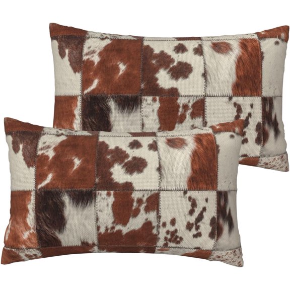 Cow Fur Throw Pillow Covers 12x20 Inch Set of 2, Patchwork Cowhide Print Lumbar Pillow Cover Animal Skin Plaid Grid Print Pillowcase Decorative Cushion Covers for Sofa Couch Bed Living Room