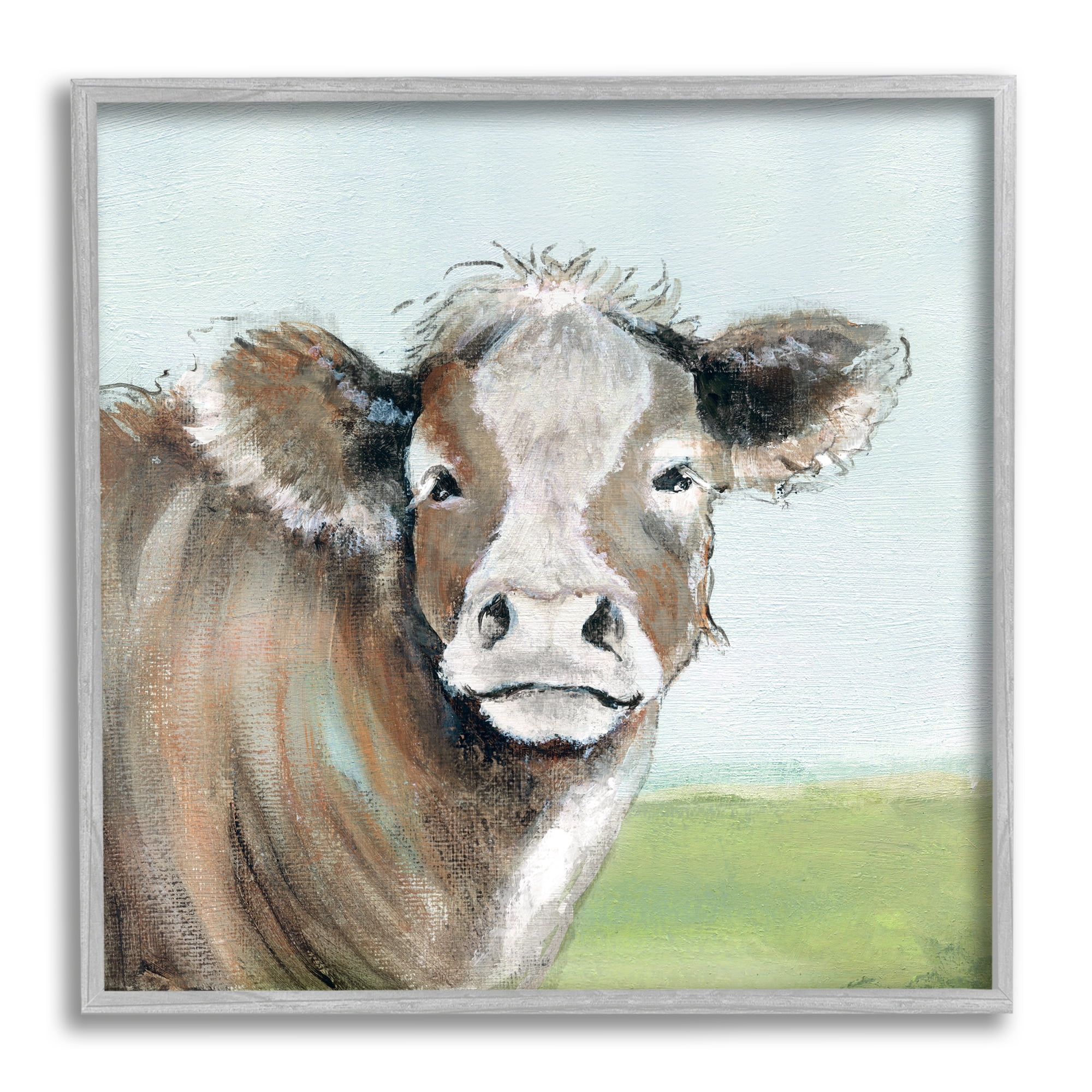 Cow Gazing Farm Pasture Clear Blue Sky Animals & Insects Framed Art Print Wall Art, 17x17