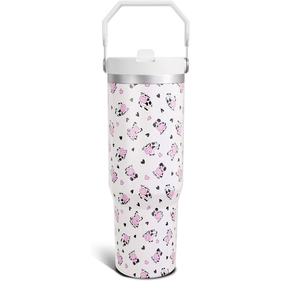 Cow Gifts 30 Oz Tumbler with Top Handle and Flip Straw, Cute Pastel Cow Stainless Steel Insulated Water Bottle Cup, Pets Lover Birthday Gifts for Women Men