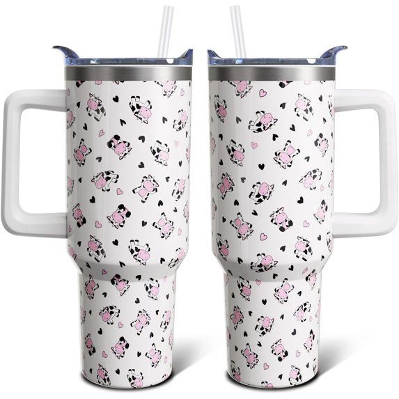 Cow Gifts 40 Oz Tumbler with Handle and Lid Straw, Pastel Cow Print Stainless Steel Double Walled Vacuum Insulated Cup, Pets Lover Birthday Gifts for Women Girls