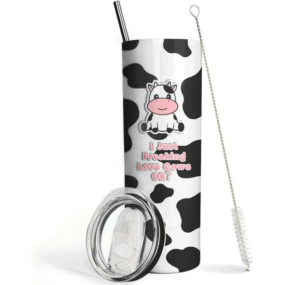 Cow Gifts- Cow Print Tumbler- Cute Stainless Steel Insulated 20 Oz Skinny Tumbler with Lid and Straw- Coffee Travel Mug Cup- Cow Stuff Accessories Decor- Birthday Christmas Gifts for Women Teen Girls