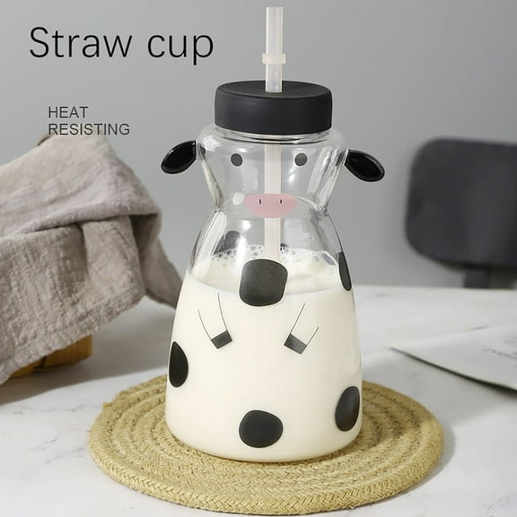 Cow Glass Water Pitcher With Glass Cup | Small Borosilicate Carafe Set - Cute Cow Pattern | Heat-Resistant Jug for Milk Water Juice Tea Lemonade | Home Office Bedside Use | 1 Cup Included