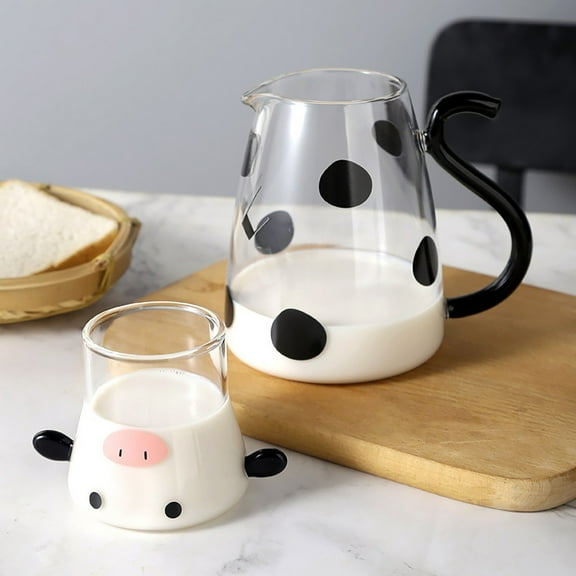 Cow Glass Water Pitcher with Lid Cup | Borosilicate Carafe for Milk Water Juice Tea | Heat Resistant Cute Cow Pattern Beverage Jug Bottle for Home Office | 1 Creative Cup