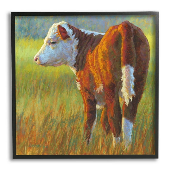 Cow Grazing Grassy Farm Animals & Insects Painting Black Framed Art Print Wall Art