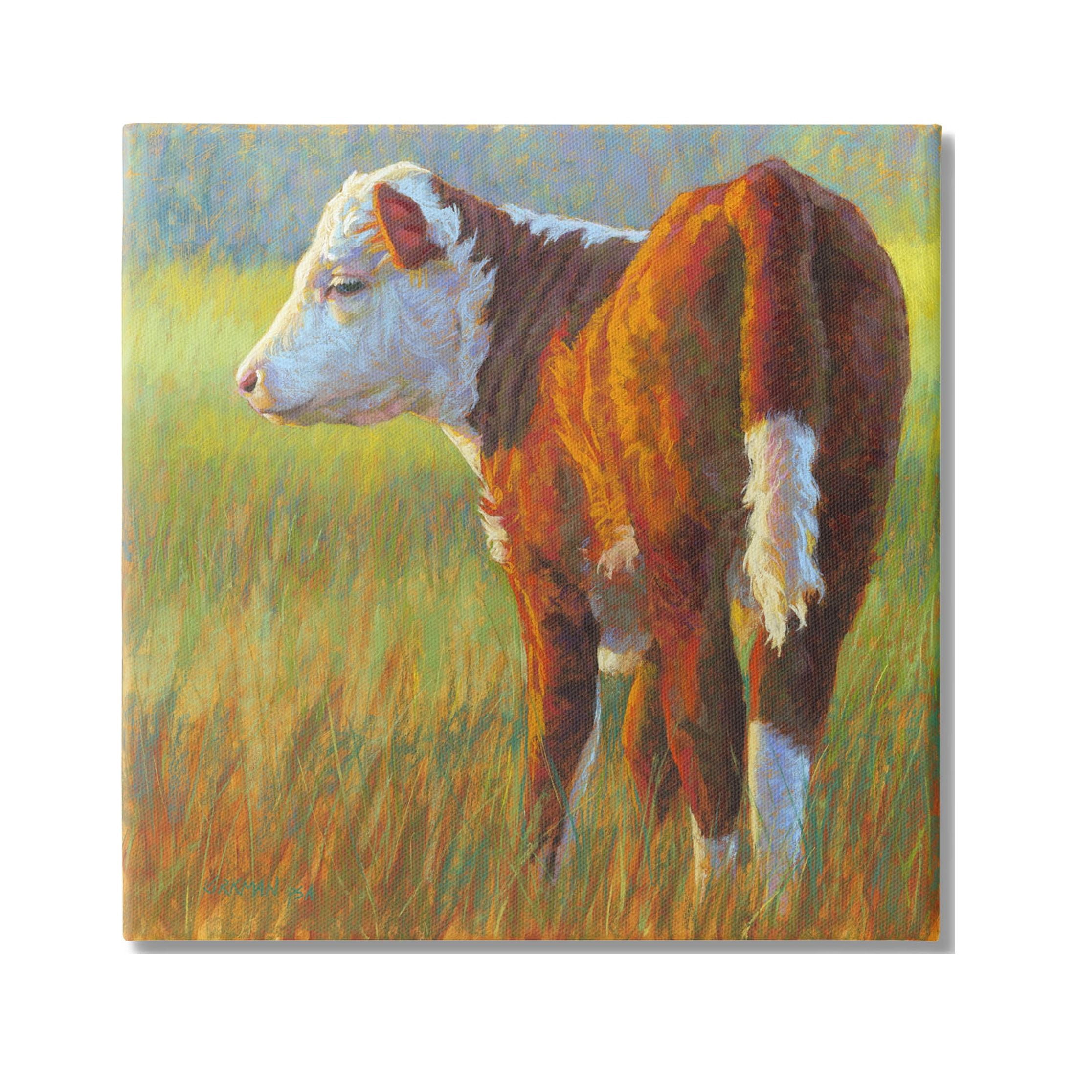 Cow Grazing Grassy Farm Animals & Insects Painting Gallery Wrapped Canvas Print Wall Art