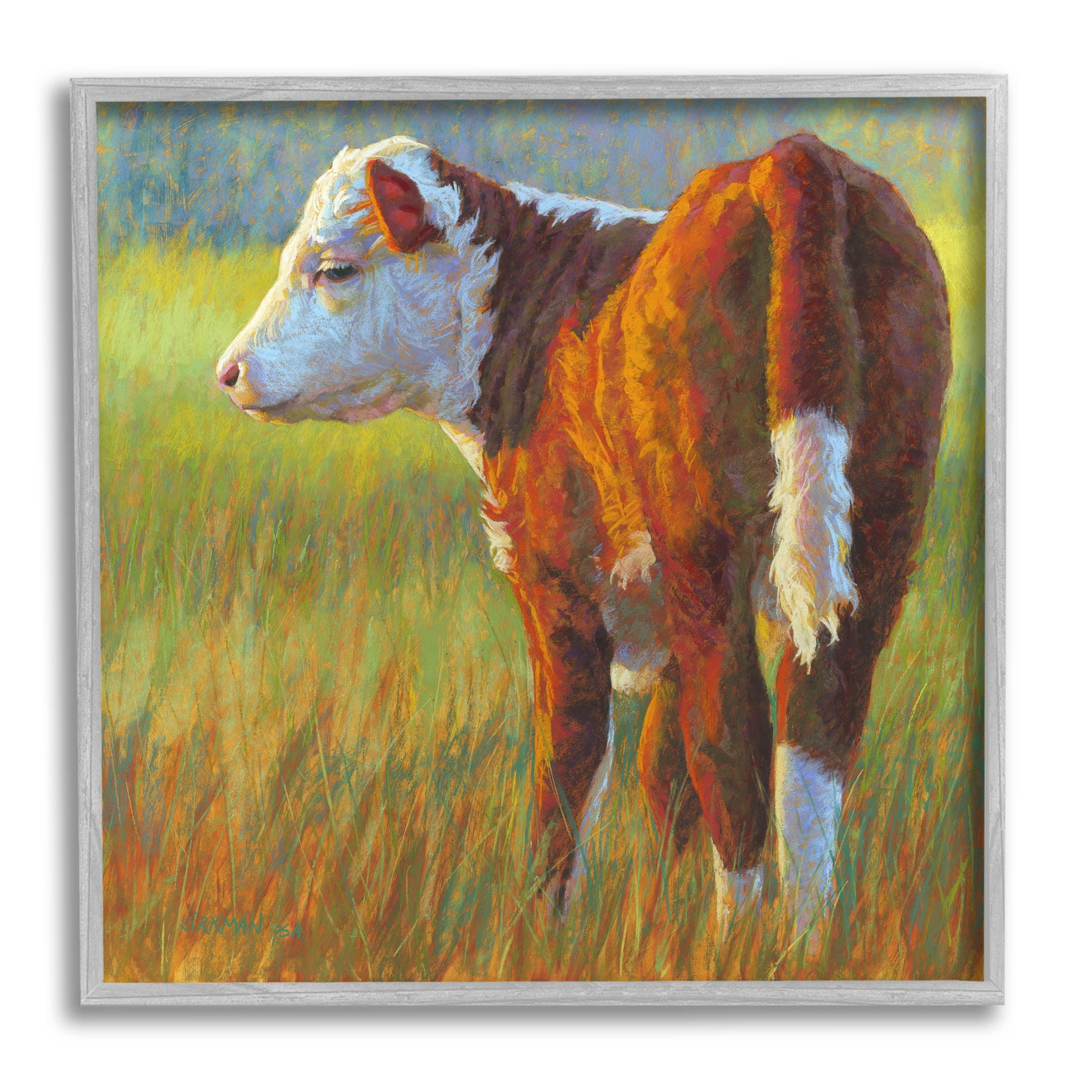 Cow Grazing Grassy Farm Animals & Insects Painting Gray Framed Art Print Wall Art