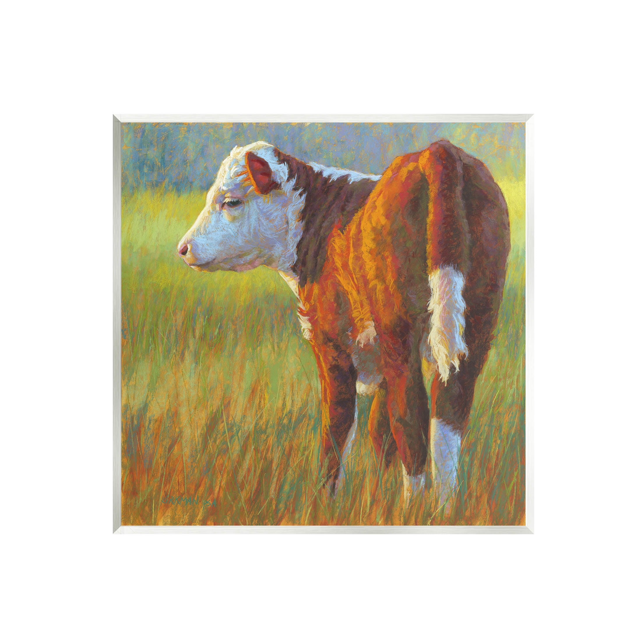 Cow Grazing Grassy Farm Animals & Insects Painting Unframed Art Print Wall Art