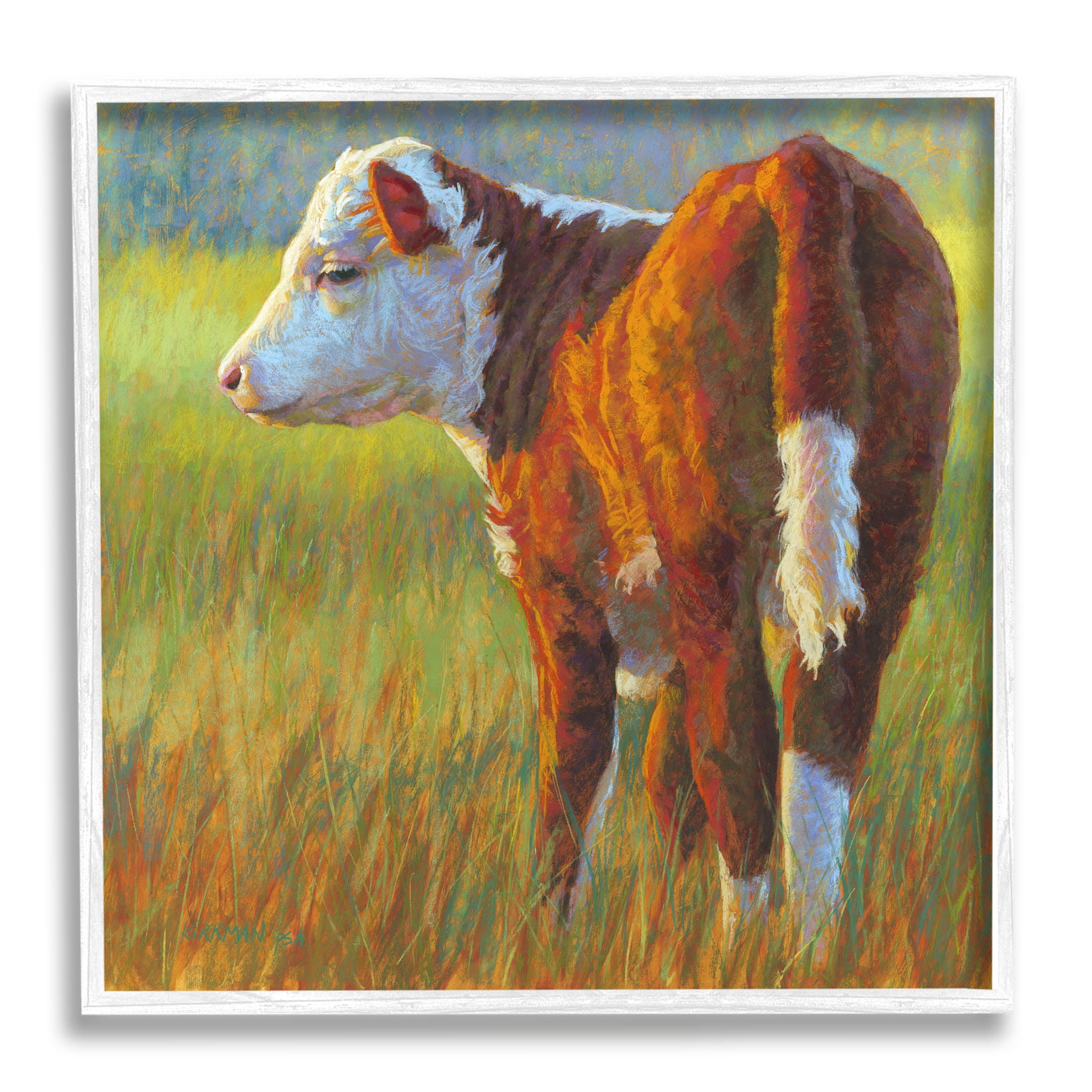 Cow Grazing Grassy Farm Animals & Insects Painting White Framed Art Print Wall Art