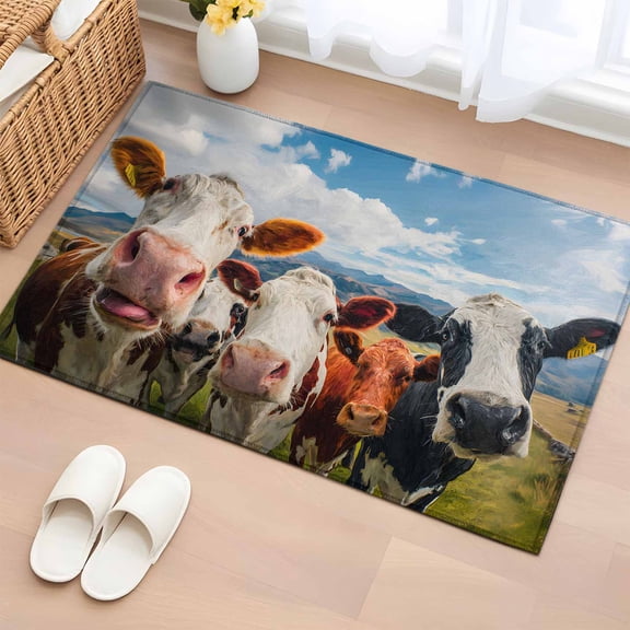 Cow Group 2'x3' Rug for Entryway Front Door Kitchen Sink Area, Retro Country Cows Farm Grass Blue Sky Low Pile Non Slip Rectangle Area Rug, Machine Washable Indoor Outdoor Mat