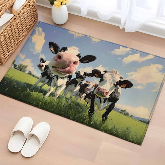 Cow Group 2'x3' Rug for Entryway Front Door Kitchen Sink Area, Retro Country Cows Grass Blue Sky Low Pile Non Slip Rectangle Area Rug, Machine Washable Indoor Outdoor Mat