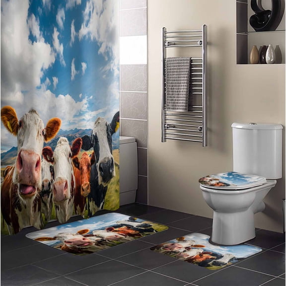 Cow Group 4PCS Shower Curtains Set with Toilet Lid Cover Non-Slip Rugs, Retro Country Cows Farm Grass Blue Sky Waterproof Shower Curtain Set for Bathroom with 9 Hooks 36x72 In