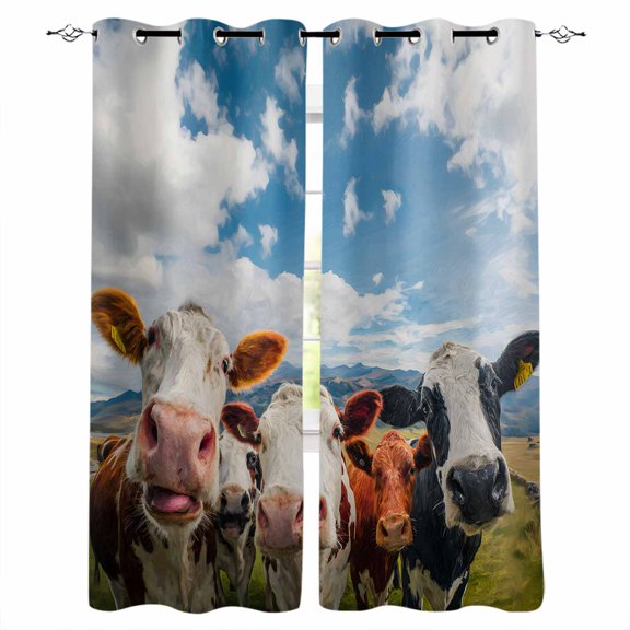 Cow Group Blackout Curtains 45 Inch Length Retro Country Cows Farm Grass Blue Sky Thermal Insulated Window Curtain Window Drapes 2 Panels for Bedroom Living Room 52"Wx45"L