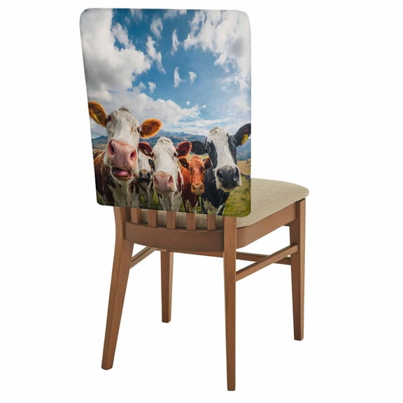 Cow Group Chair Covers Set of 8 Retro Country Cows Farm Grass Blue Sky Chair Back Covers Stretch Removable Washable Slipcovers Protector for Dining Room Kitchen Party Decor