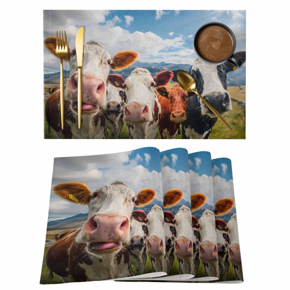 Cow Group Cotton Linen Placemats Set of 1, Retro Country Cows Farm Grass Blue Sky Washable Table Place Mats Heat Insulating Placemat for Dining Room Kitchen Daily Use 13 x 19 Inch