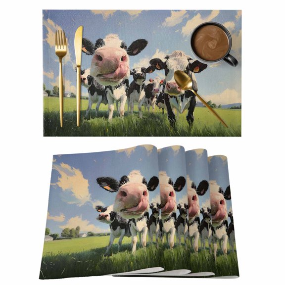 Cow Group Cotton Linen Placemats Set of 1, Retro Country Cows Grass Blue Sky Washable Table Place Mats Heat Insulating Placemat for Dining Room Kitchen Daily Use 13 x 19 Inch